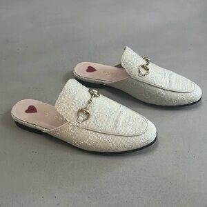 Gucci Princetown Mules Canvas Lamé Ivory/Silver with Gold Horsebit